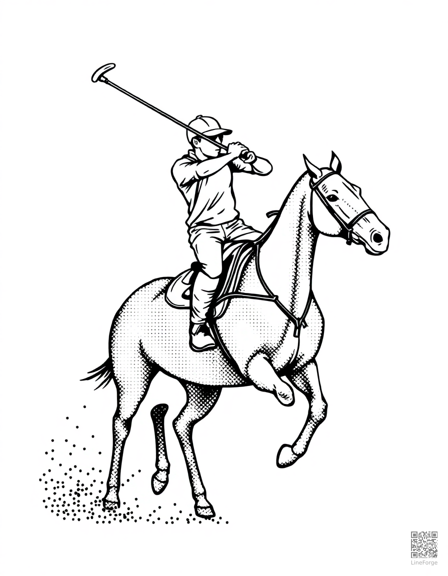 polo horse and rider mid-swing coloring page Stipple style - free printable