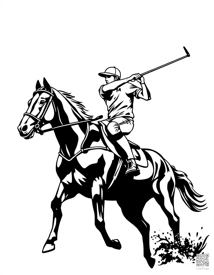 polo horse and rider mid-swing coloring page Woodcut style - free printable