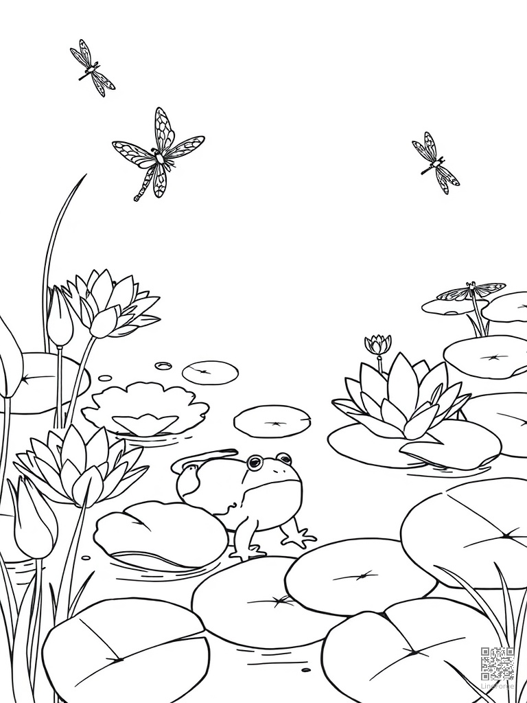 Free pond with lily pads frogs and dragonflies coloring page in contour style — printable line art