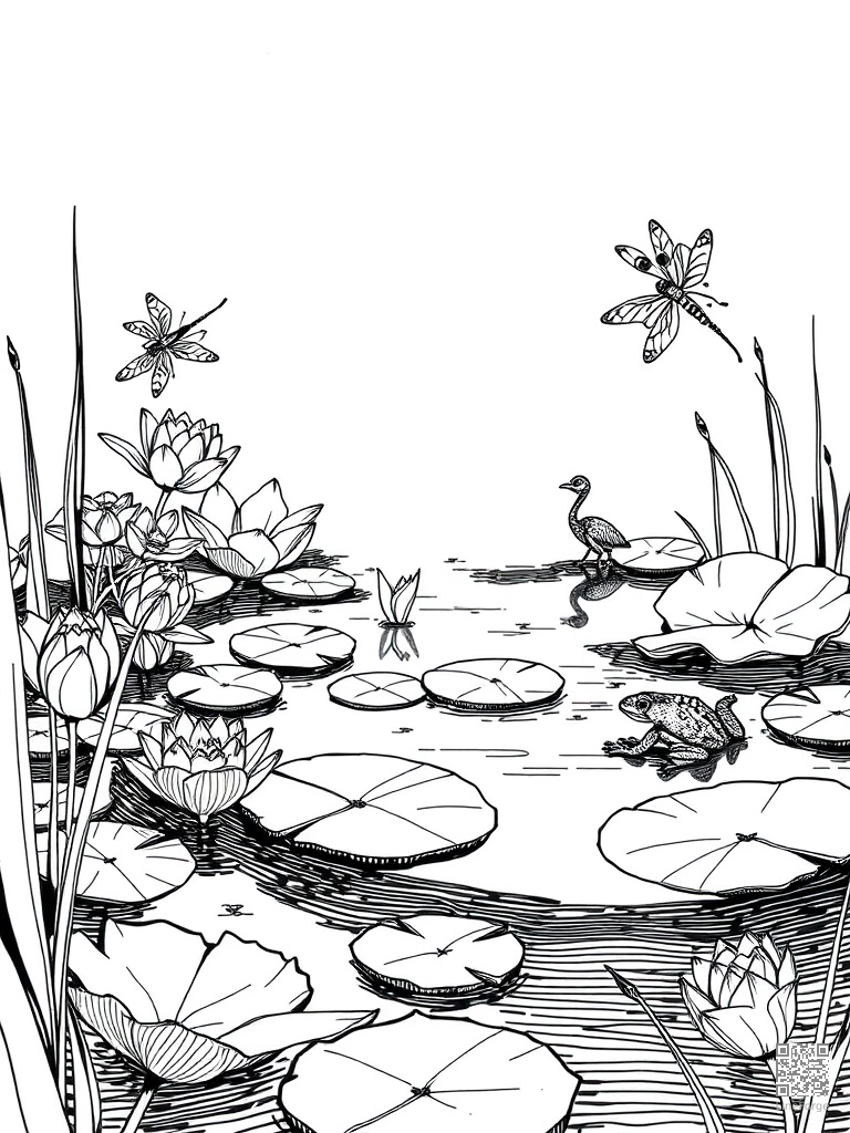 Free pond with lily pads frogs and dragonflies coloring page in crosshatch style — printable line art