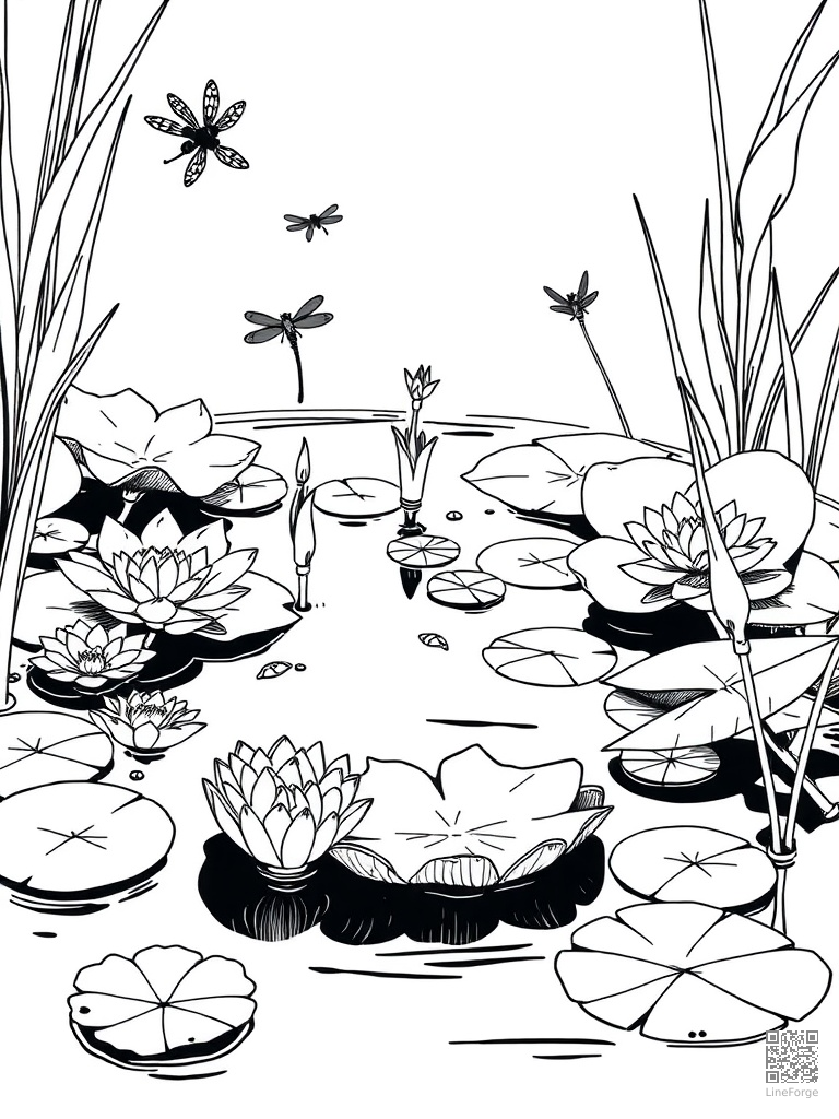 Free pond with lily pads frogs and dragonflies coloring page in manga style — printable line art