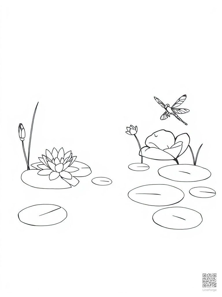 Free pond with lily pads frogs and dragonflies coloring page in minimal style — printable line art