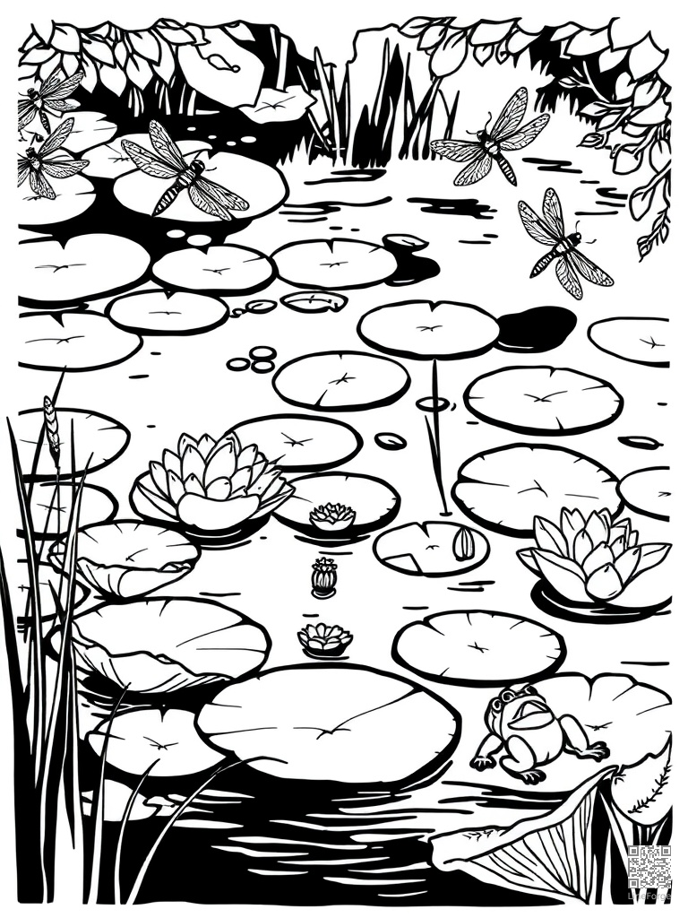 Free pond with lily pads frogs and dragonflies coloring page in woodcut style — printable line art