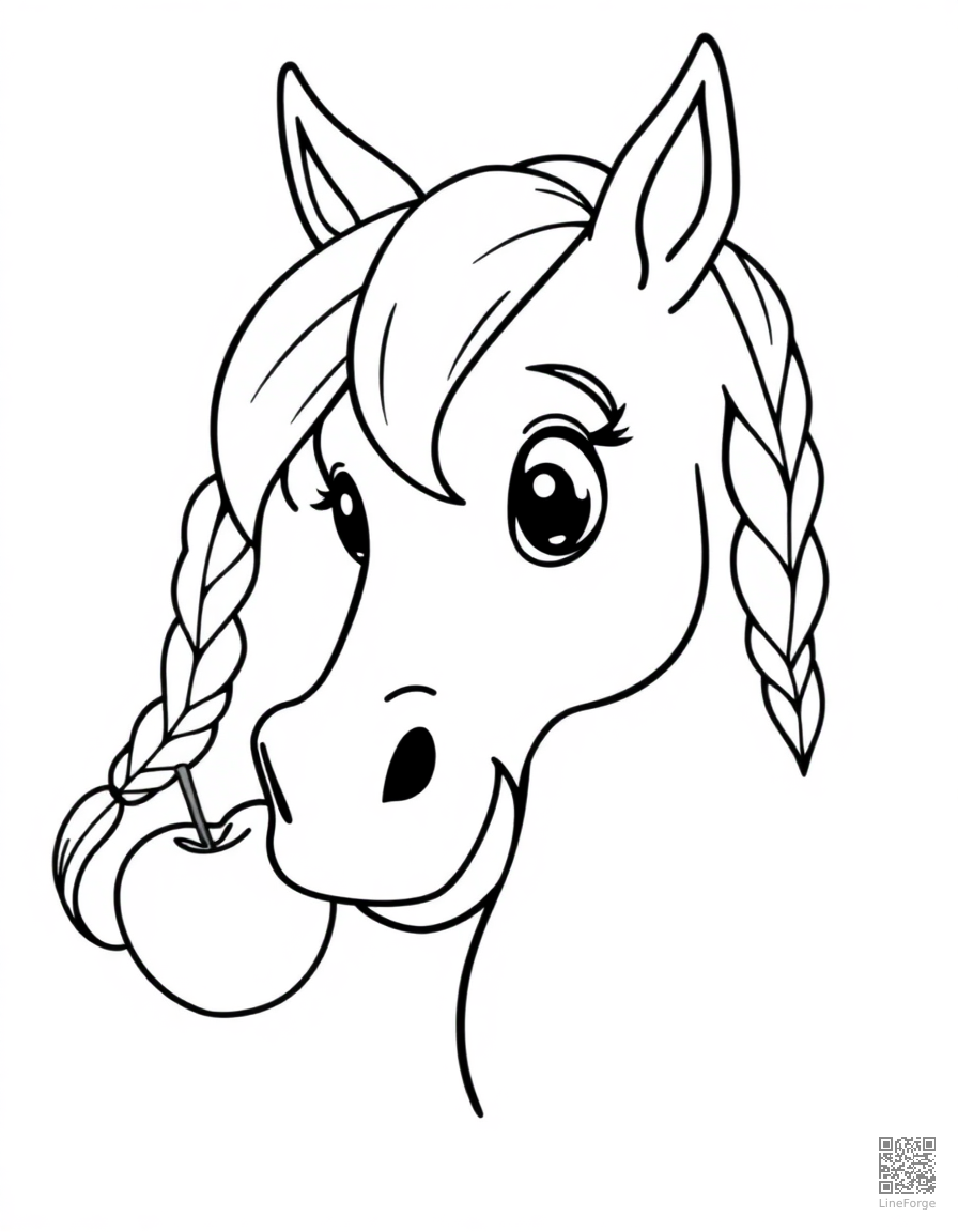 pony with a braided mane eating an apple coloring page Contour style - free printable