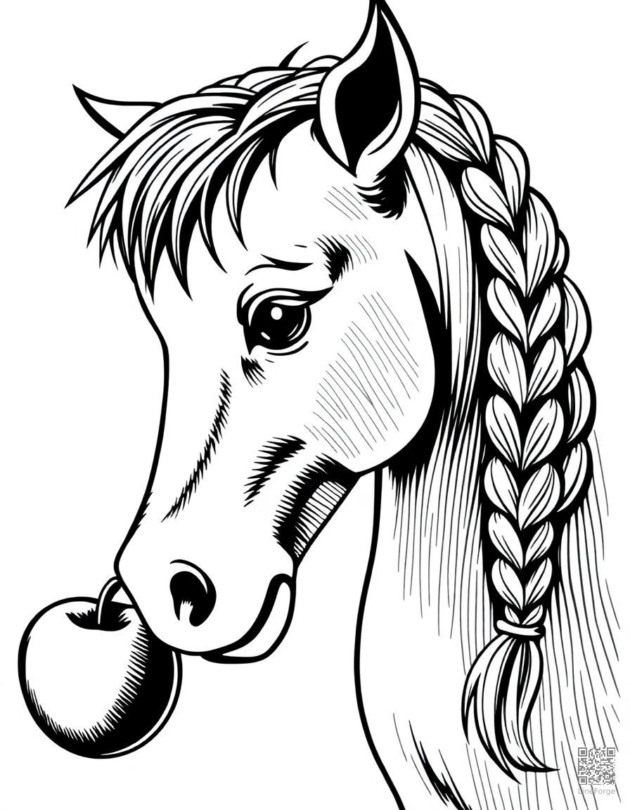 pony with a braided mane eating an apple coloring page Crosshatch style - free printable