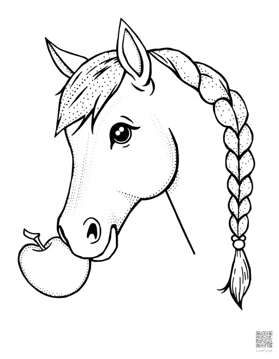 Free pony with a braided mane eating an apple coloring page in stipple style — printable line art