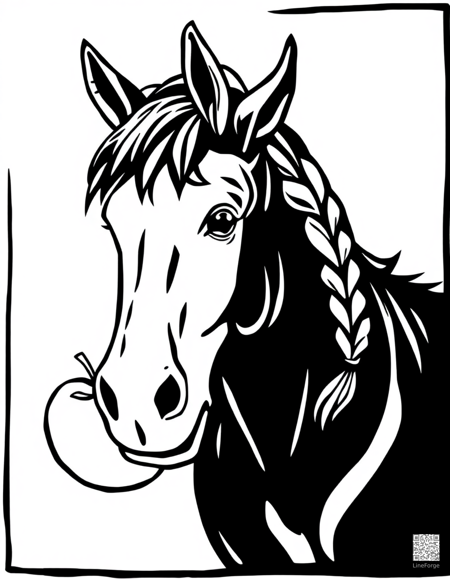 pony with a braided mane eating an apple coloring page Woodcut style - free printable