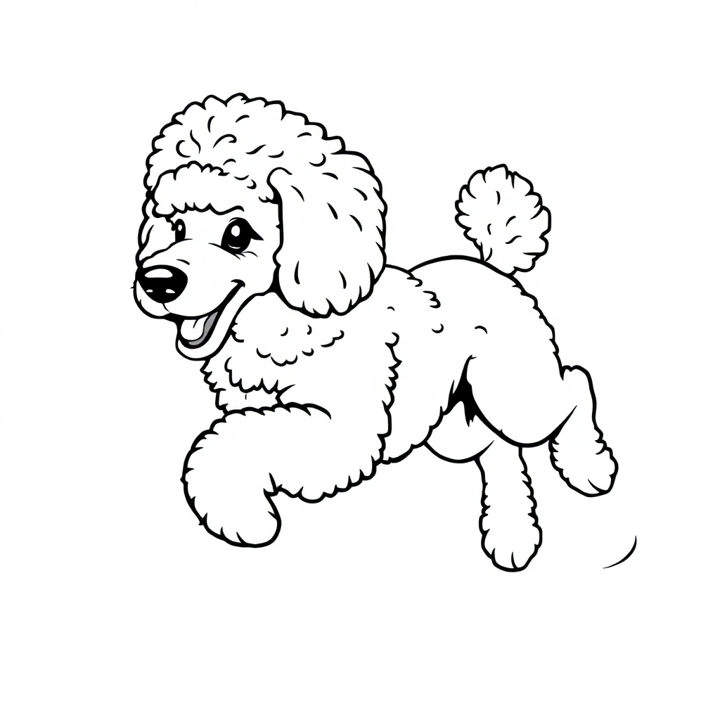 Poodle dog — playing and running, energetic and joyful coloring page Contour style - free printable