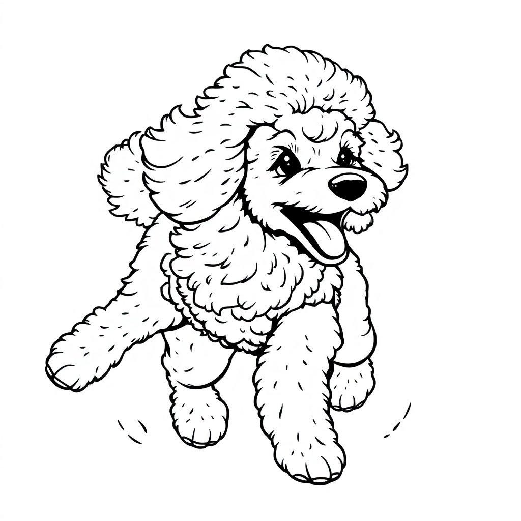 Poodle dog — playing and running, energetic and joyful coloring page Manga style - free printable