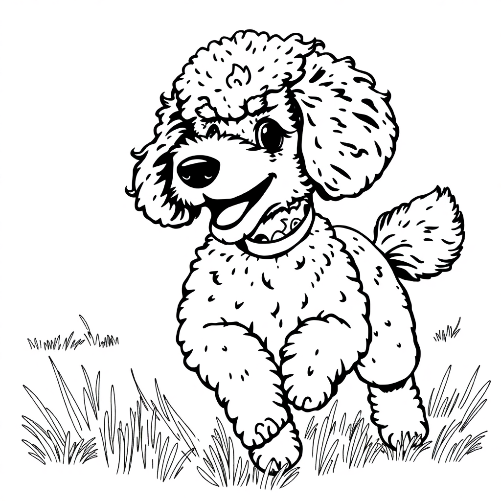 Poodle dog — playing and running, energetic and joyful coloring page Rockwell style free printable