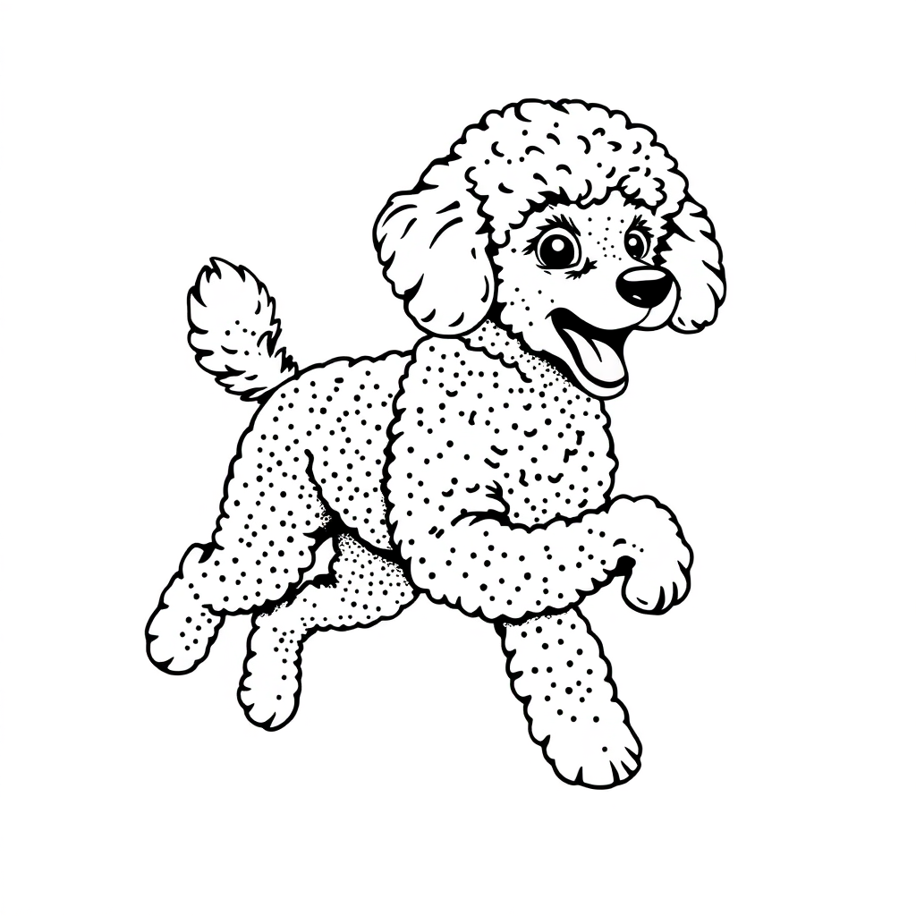 Poodle dog — playing and running, energetic and joyful coloring page Stipple style - free printable