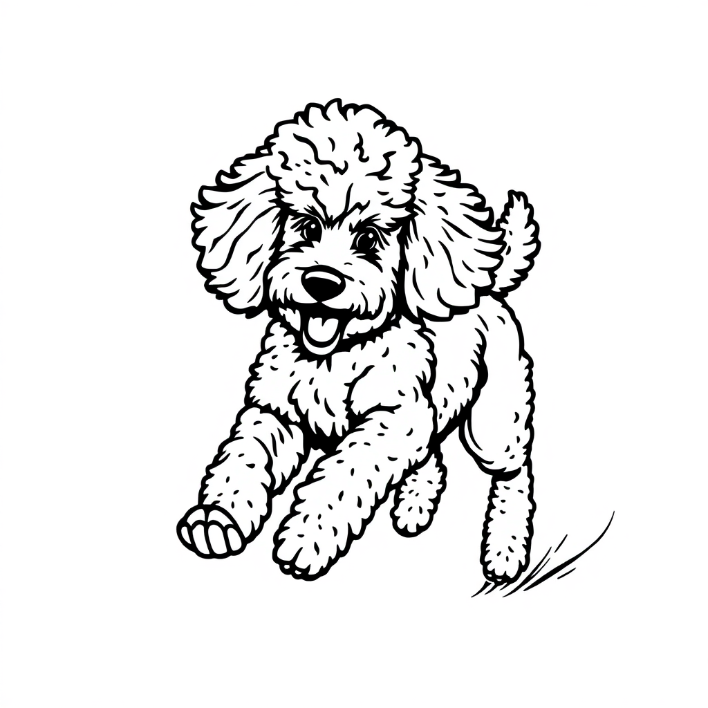Poodle dog — playing and running, energetic and joyful coloring page Woodcut style - free printable