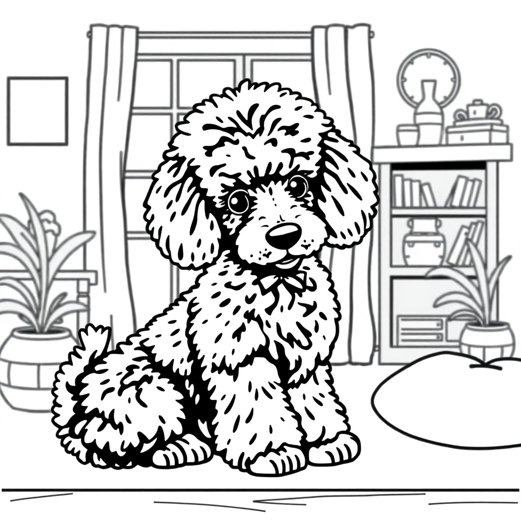 Poodle dog — with a young child in a cozy home setting coloring page Contour style - free printable