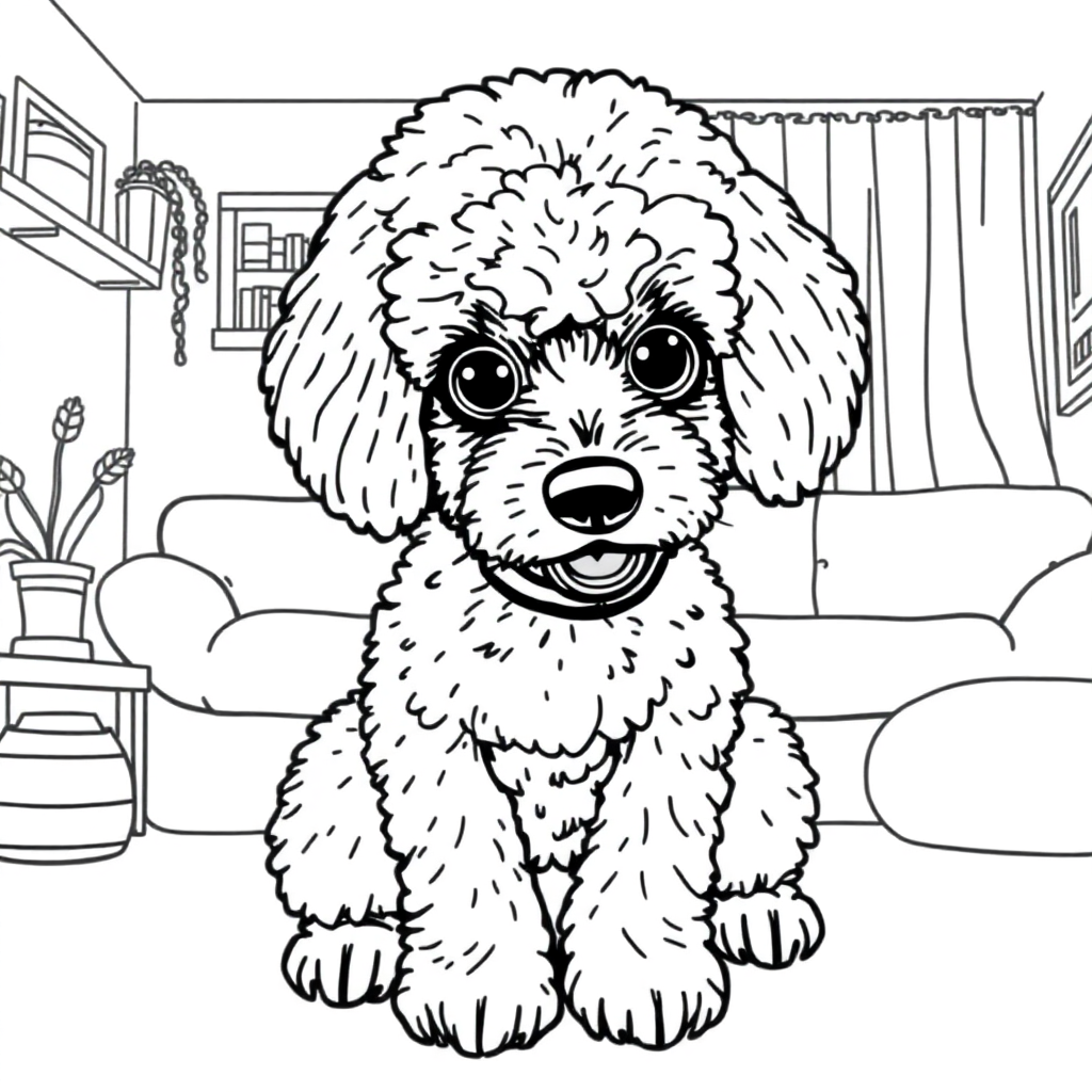 Poodle dog — with a young child in a cozy home setting coloring page Manga style - free printable