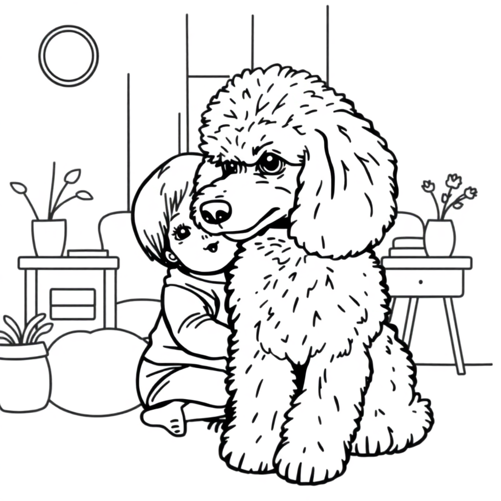 Poodle dog — with a young child in a cozy home setting coloring page Minimal style - free printable