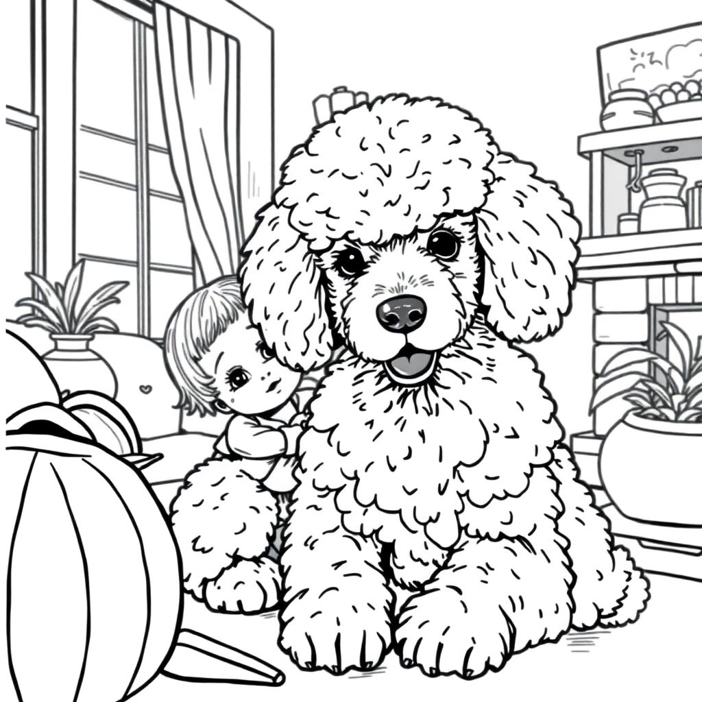 Poodle dog — with a young child in a cozy home setting coloring page Rockwell style free printable