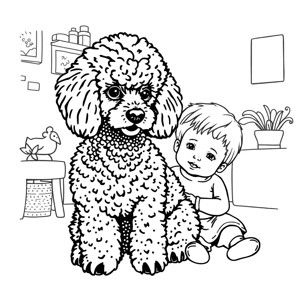 Poodle dog — with a young child in a cozy home setting coloring page Stipple style - free printable