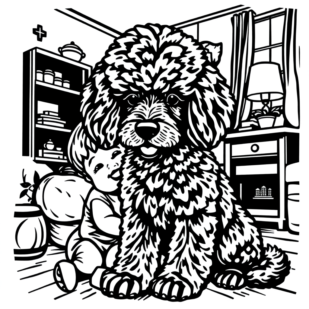 Poodle dog — with a young child in a cozy home setting coloring page Woodcut style - free printable