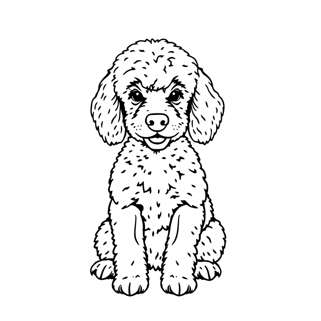 Poodle dog — sitting portrait, looking at viewer, friendly expression coloring page Contour style free printable