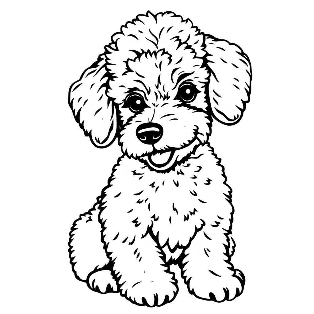 Poodle dog — sitting portrait, looking at viewer, friendly expression coloring page Manga style free printable