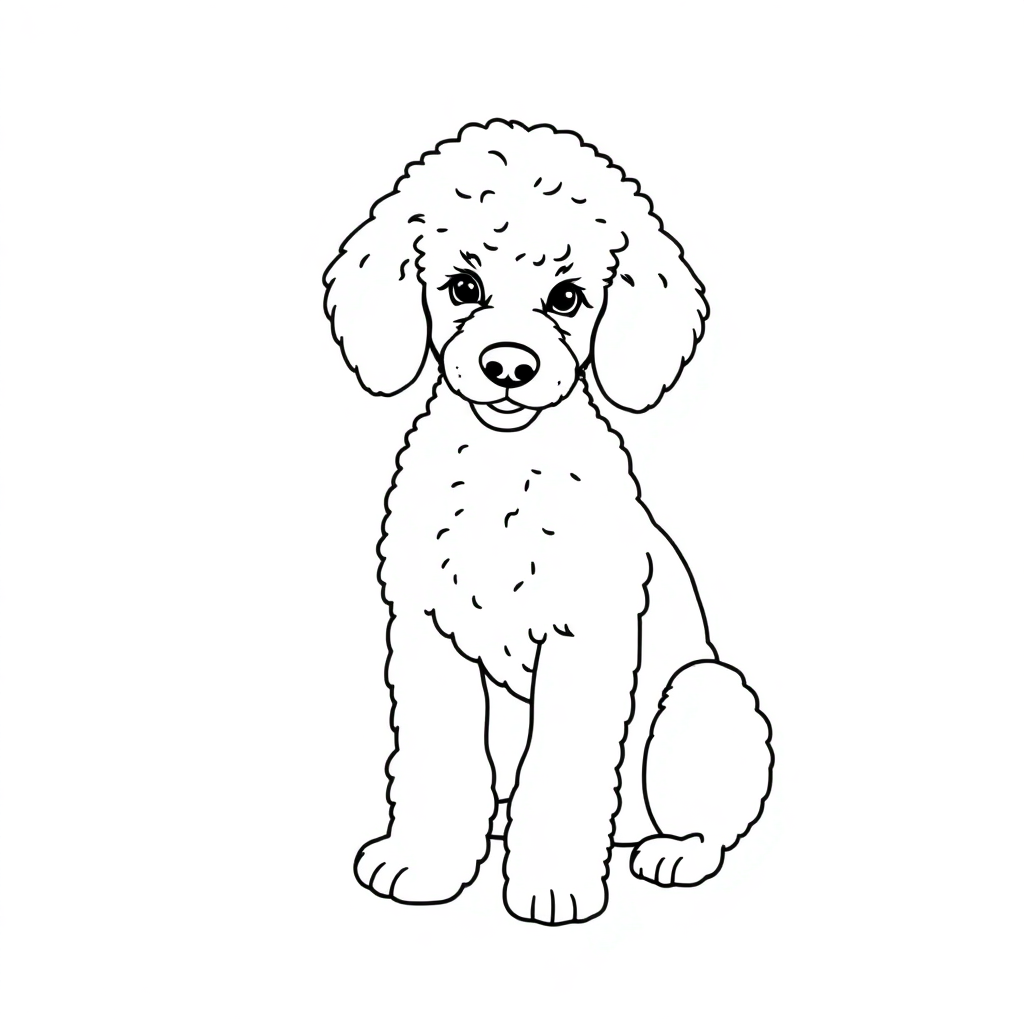 Poodle dog — sitting portrait, looking at viewer, friendly expression coloring page Minimal style free printable