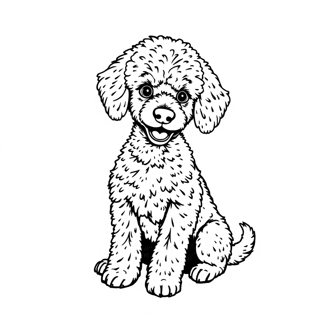 Poodle dog — sitting portrait, looking at viewer, friendly expression coloring page Rockwell style free printable