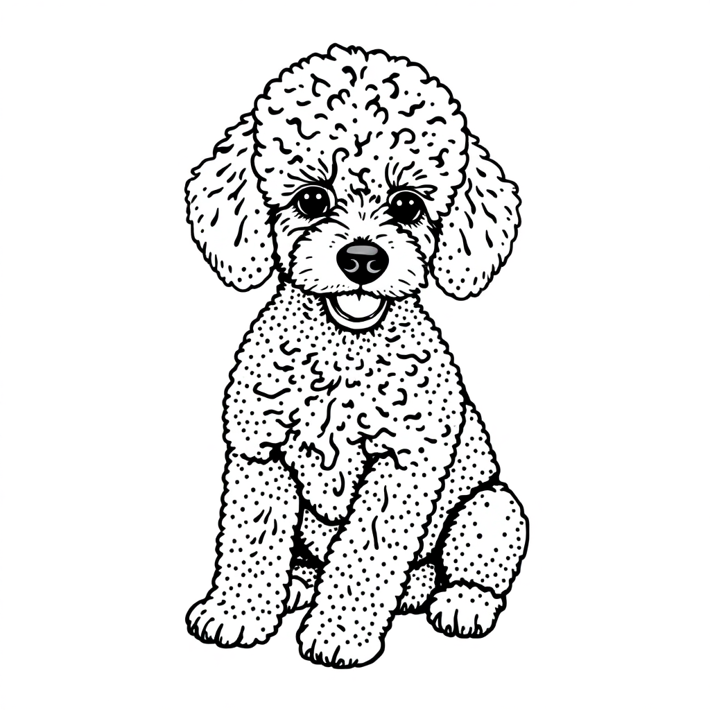 Poodle dog — sitting portrait, looking at viewer, friendly expression coloring page Stipple style free printable