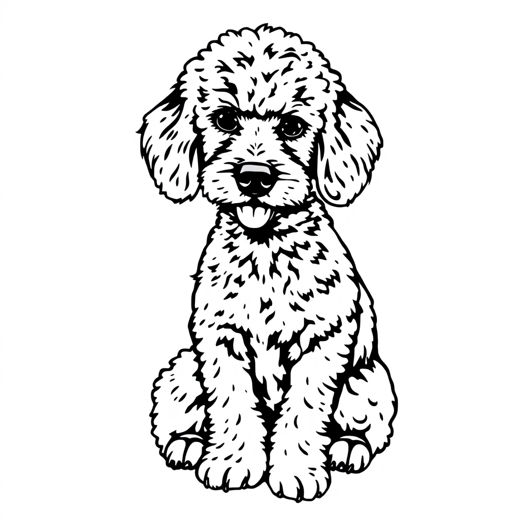 Poodle dog — sitting portrait, looking at viewer, friendly expression coloring page Woodcut style free printable