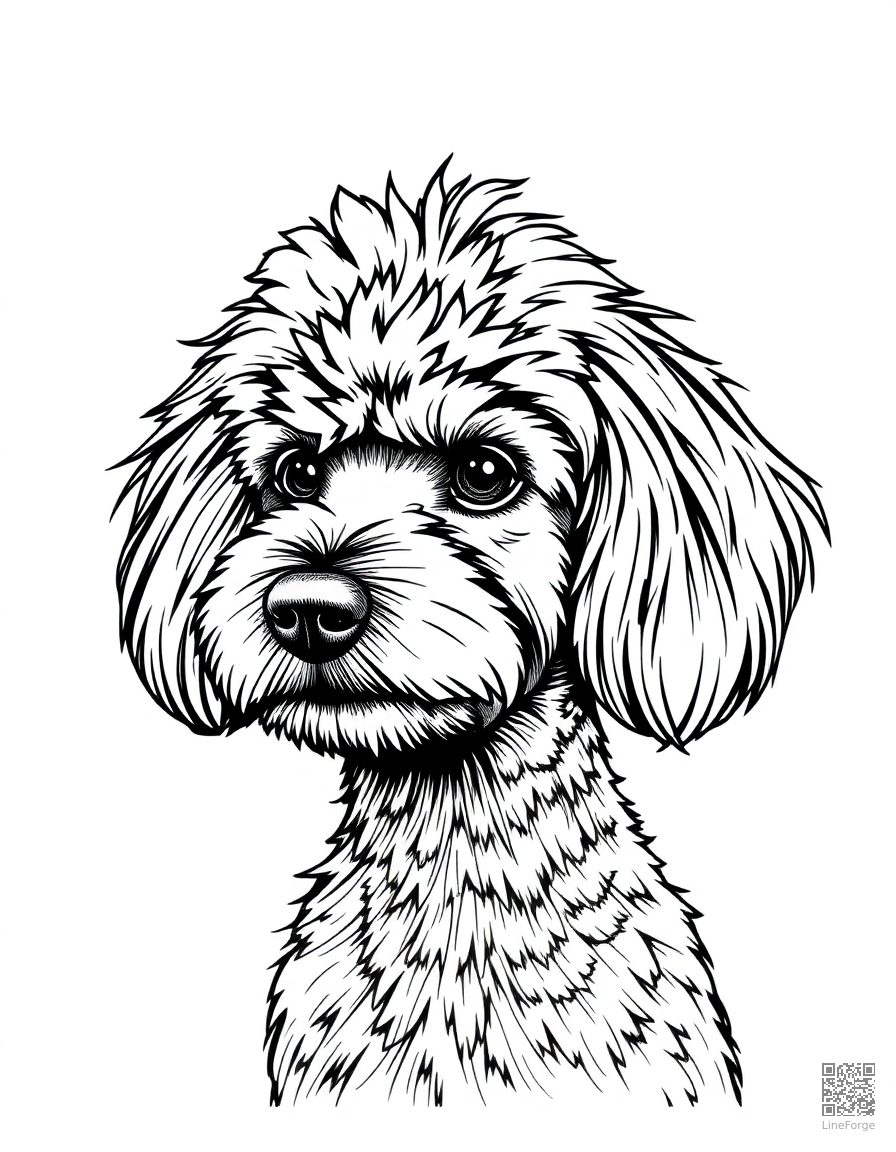 Free poodle with a fancy haircut coloring page in crosshatch style — printable line art
