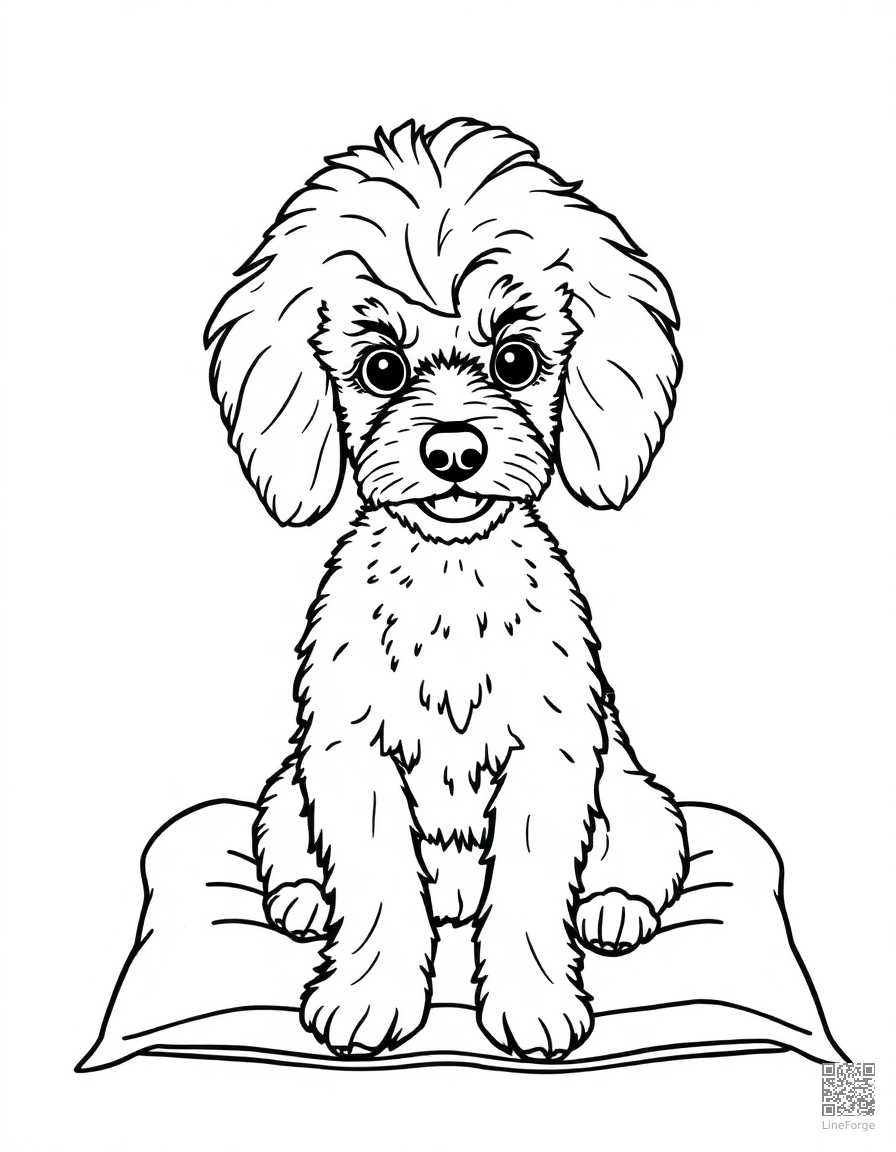 Free poodle with a fancy haircut sitting on a cushion coloring page in contour style — printable line art