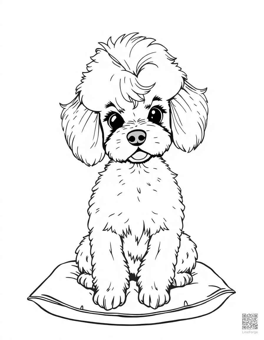 Free poodle with a fancy haircut sitting on a cushion coloring page in manga style — printable line art