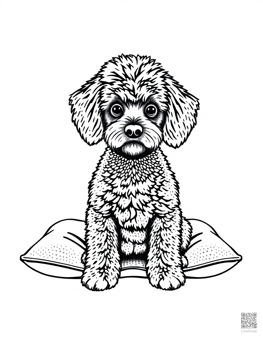 Free poodle with a fancy haircut sitting on a cushion coloring page in stipple style — printable line art
