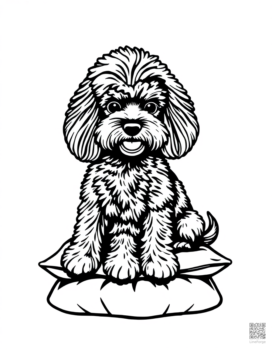 poodle with a fancy haircut sitting on a cushion coloring page Woodcut style - free printable