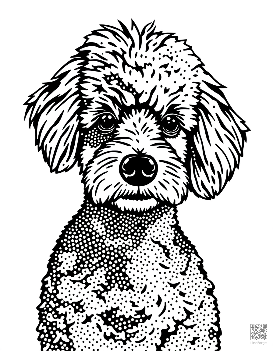 Free poodle with a fancy haircut coloring page in stipple style — printable line art
