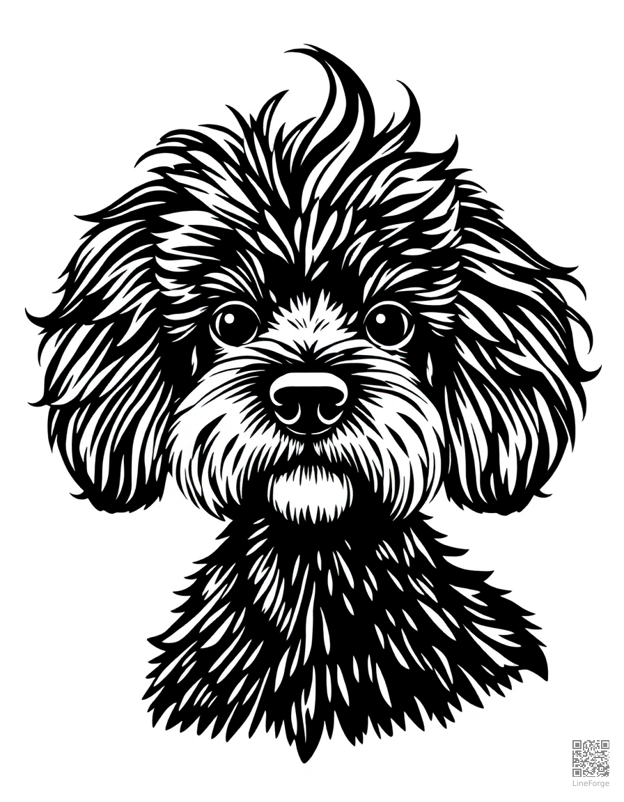 Free poodle with a fancy haircut coloring page in woodcut style — printable line art