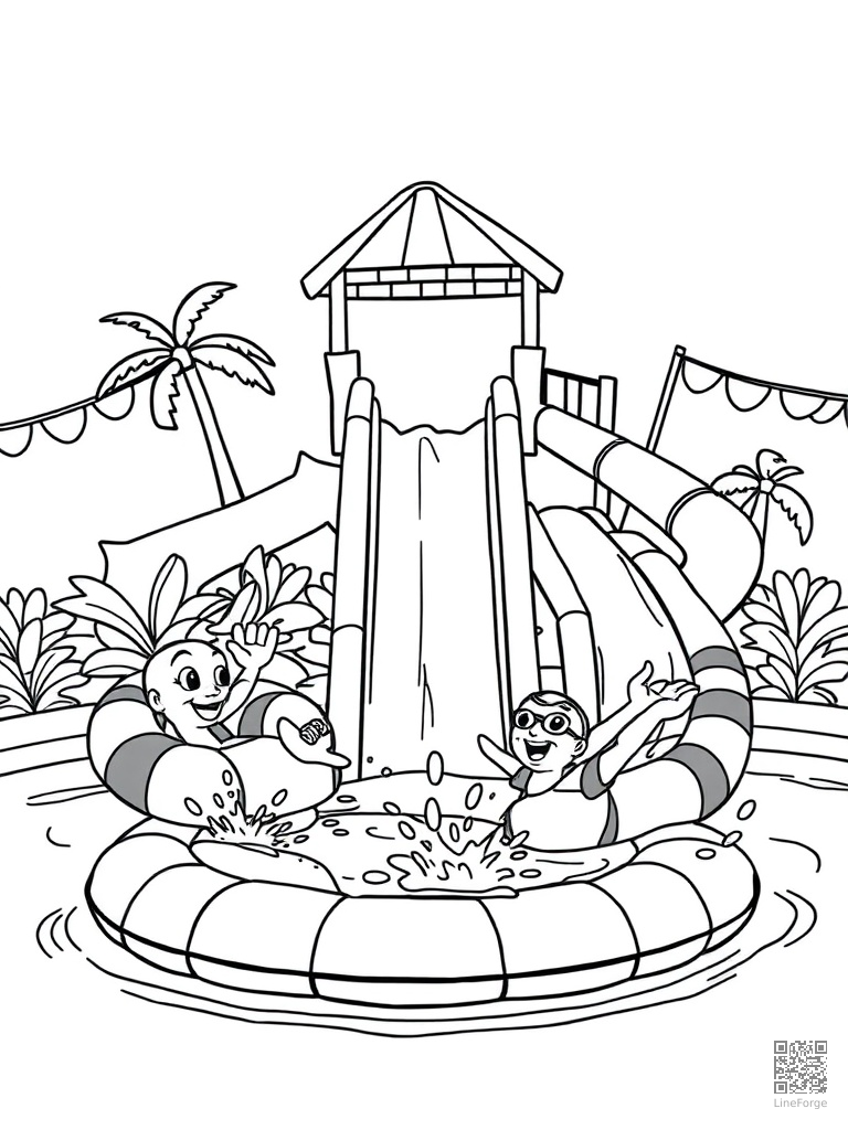 Pool party with floaties water slide and splashing coloring page Contour style - free printable