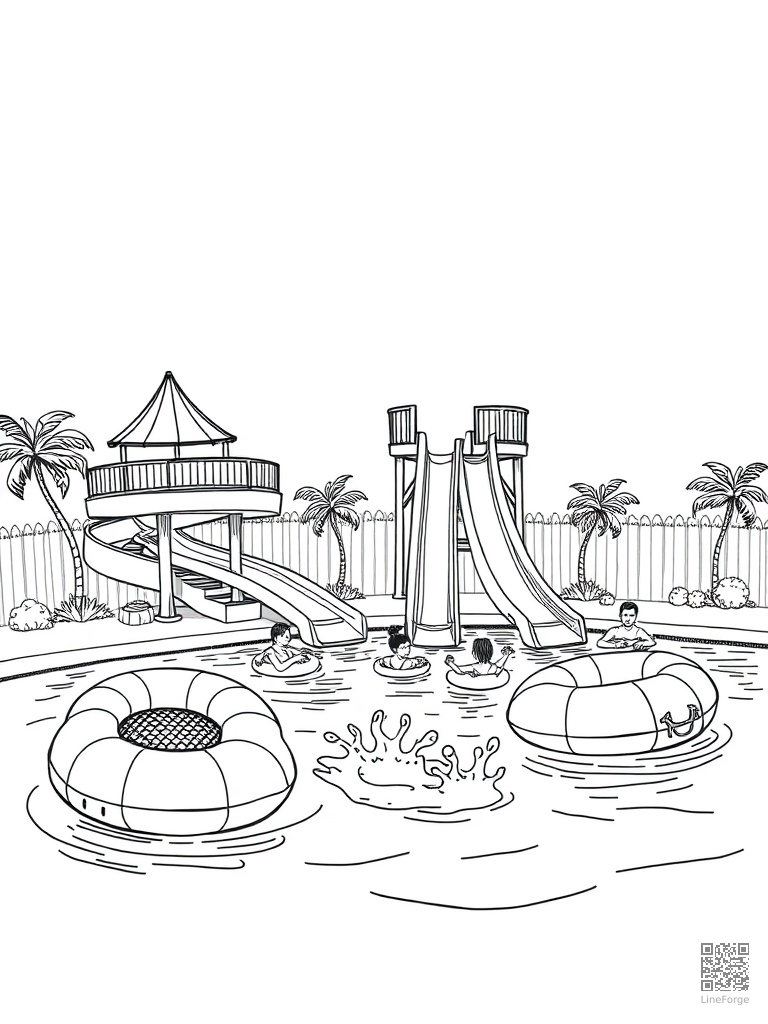 Pool party with floaties water slide and splashing coloring page Crosshatch style - free printable