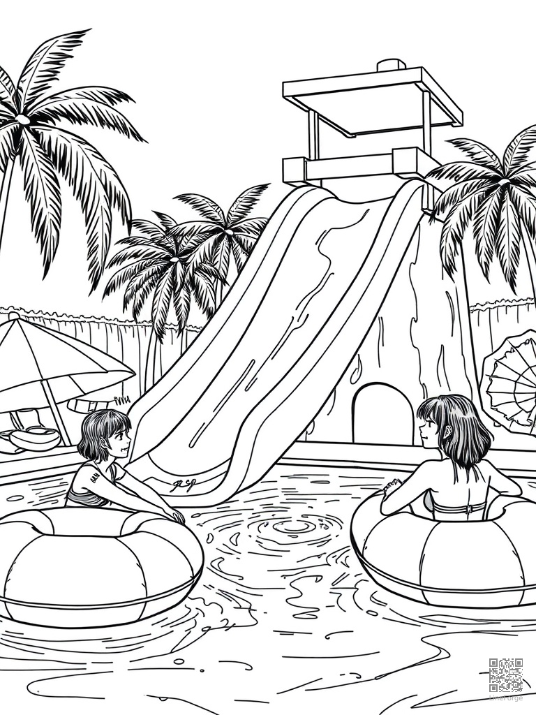Pool party with floaties water slide and splashing coloring page Manga style - free printable