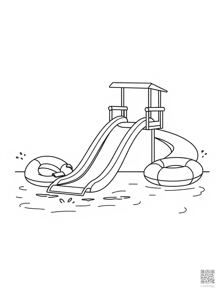 Pool party with floaties water slide and splashing coloring page Minimal style - free printable