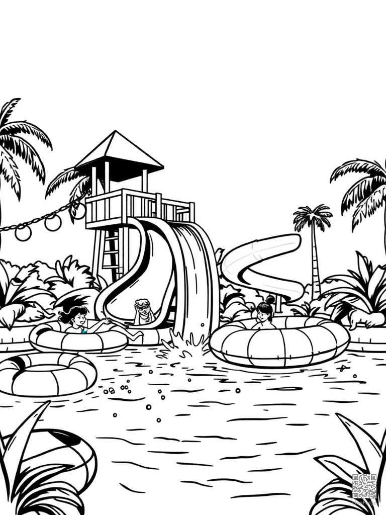 Pool party with floaties water slide and splashing coloring page Woodcut style - free printable