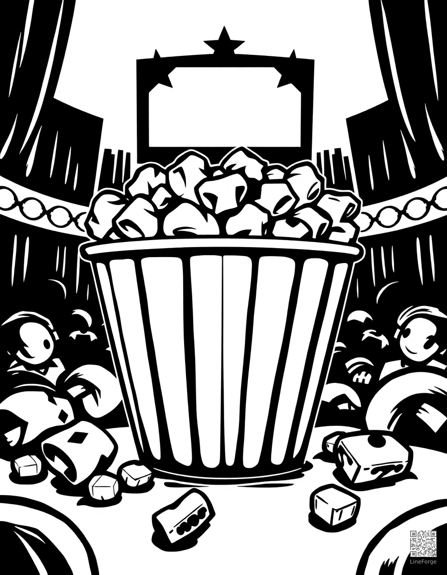 popcorn bucket at the movies coloring page Woodcut style - free printable