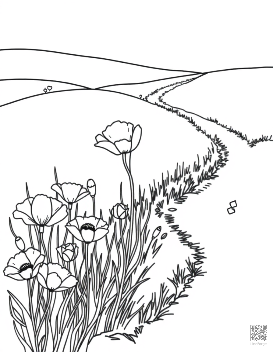 Free poppy field with a country path coloring page in contour style — printable line art