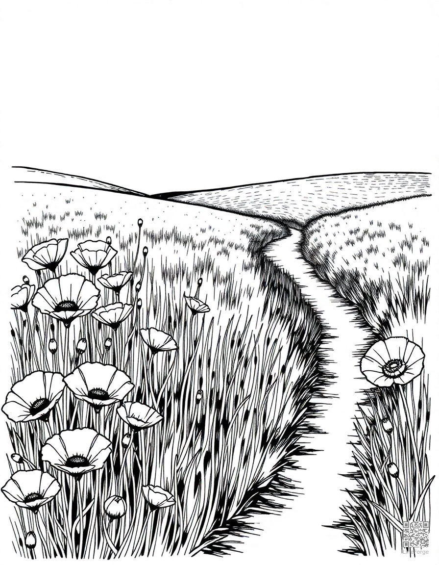 Free poppy field with a country path coloring page in crosshatch style — printable line art