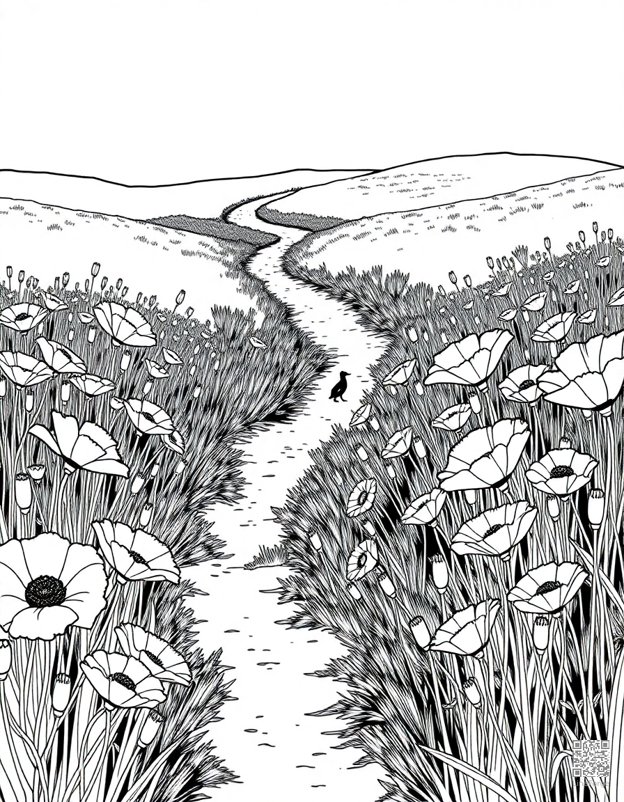 Free poppy field with a country path coloring page in manga style — printable line art