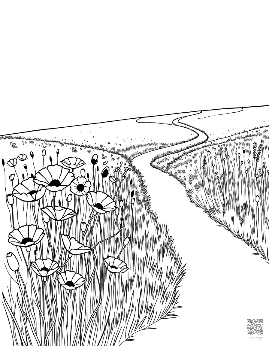 Free poppy field with a country path coloring page in minimal style — printable line art