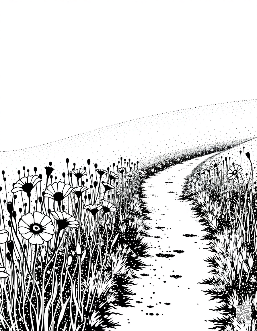 poppy field with a country path coloring page Stipple style free printable