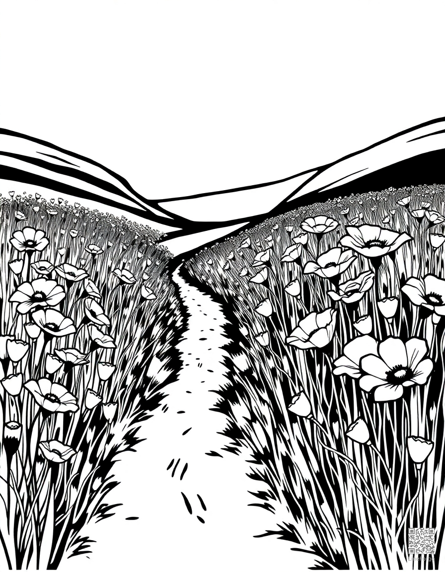 Free poppy field with a country path coloring page in woodcut style — printable line art
