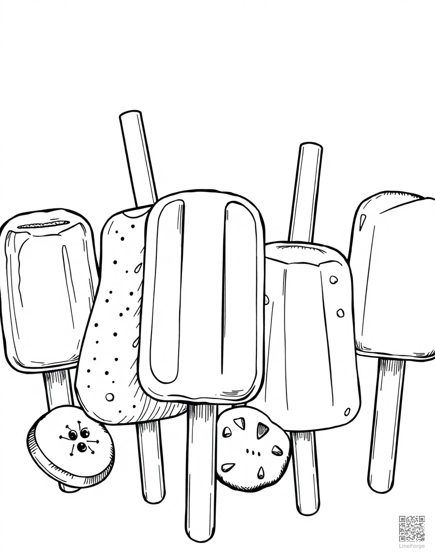 popsicle collection in different flavors coloring page Crosshatch style - free printable