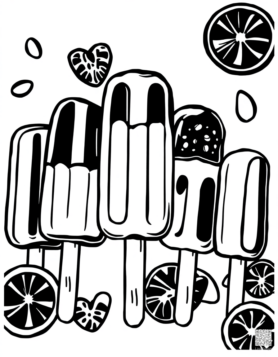 popsicle collection in different flavors coloring page Woodcut style - free printable