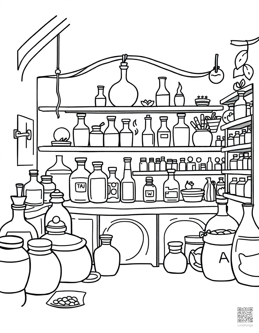 Free potion shop with bottles and ingredients coloring page in contour style — printable line art